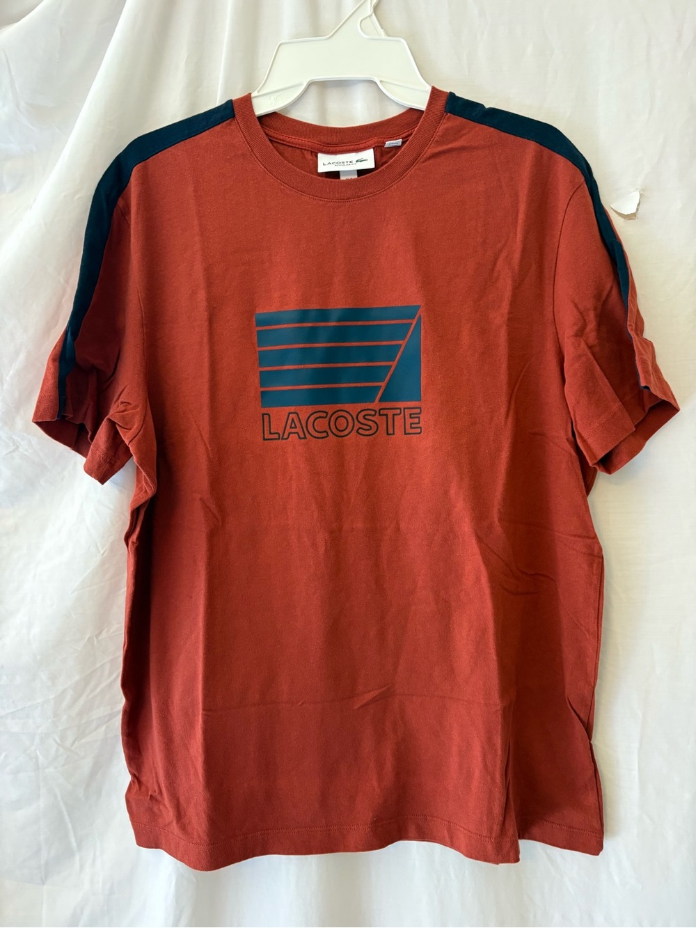 Lacoste Men's Rust Red Tee with Navy Graphic Stripes